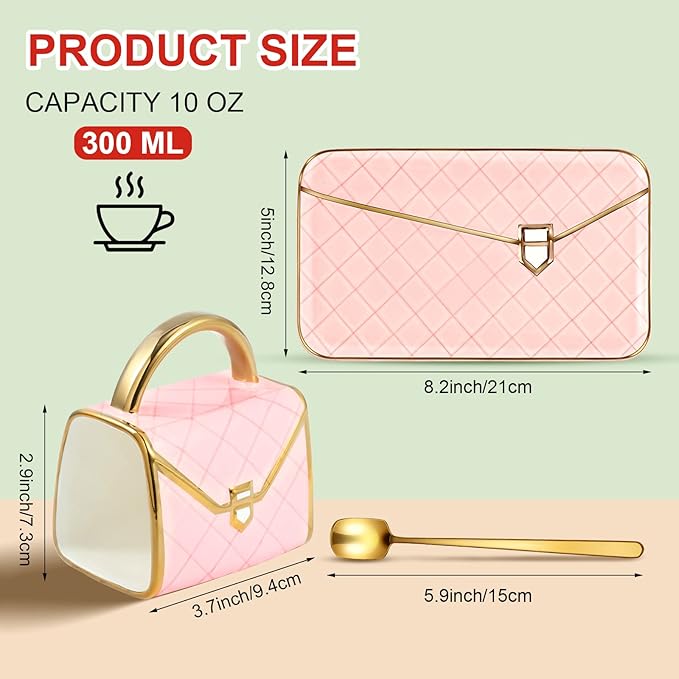 Zubebe 1 Set Coffee Mug Elegant Handbag Shaped Cup Modern Ceramic Purse Mug with Spoon and Saucer, 10oz Cute Creative Tea Cup for Woman Girls Gift (Pink)