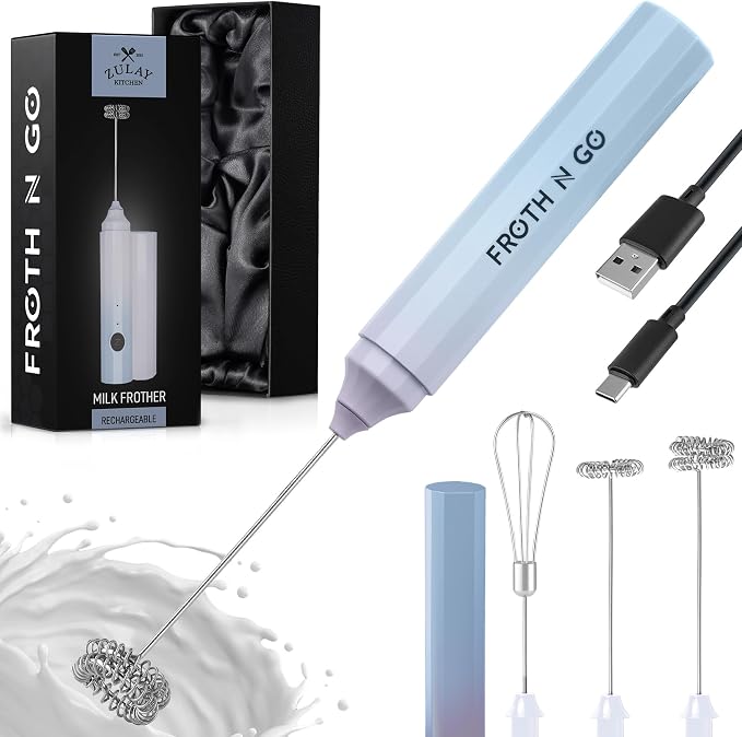 Zulay Froth N Go Milk Frother – Rechargeable 3-in-1 Handheld Frother Wand with Travel Case & USB-C Charger – Single, Double & Egg Whisk for Latte, Cappuccino, Matcha, Protein Shakes - Dove Cloud