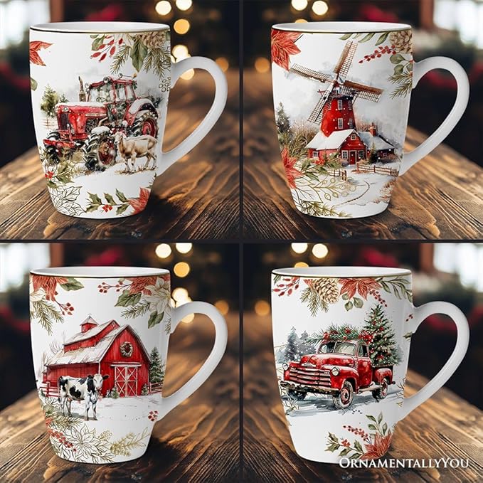 OrnamentallyYou Coffee Mug Holiday Kitchen Drinkware, Multiple Designs Available (Fancy Farmhouse Holiday Set of 4 Ceramic Mugs)