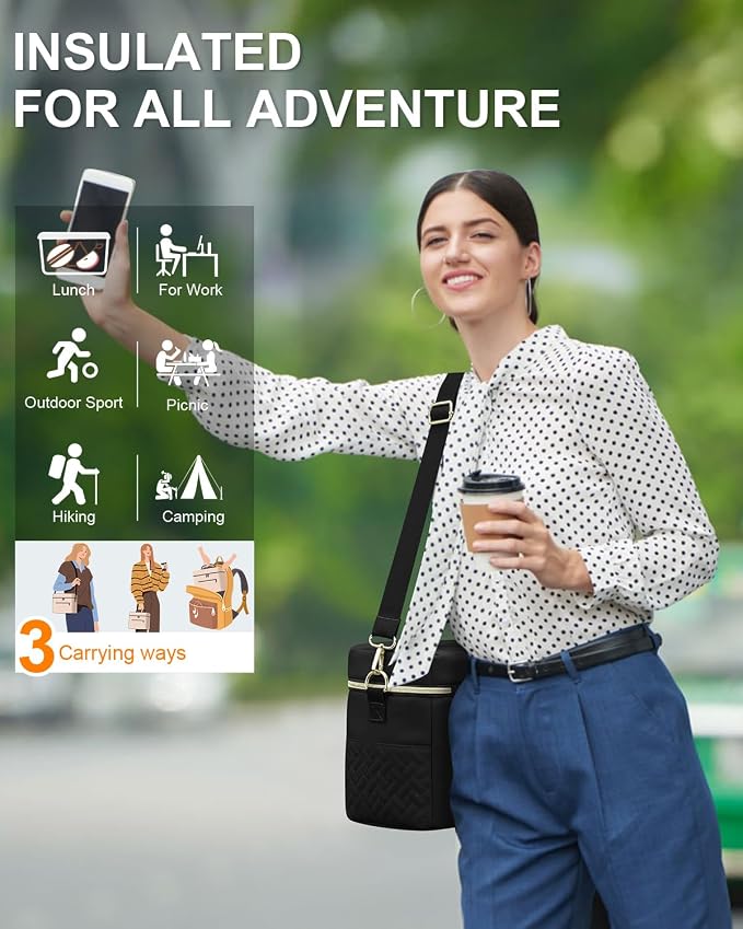 Capolo Lunch Box for Women Men Adults,Insulated Lunch Bag Leakproof Lunch Cooler Box with Removable Strap Cute Lunch Tote Bags Reusable Thermal Lunchbox for School Work Picnic(Small,Black)