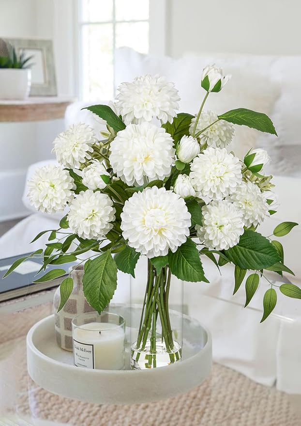 Hollyone White Fake Flowers in Vase Dahlia Artificial Flowers in Glass Vase with Faux Water Dahlia Silk Flower Arrangements for Bathroom Office Table Centerpiece Shelf Decorations Home Decor