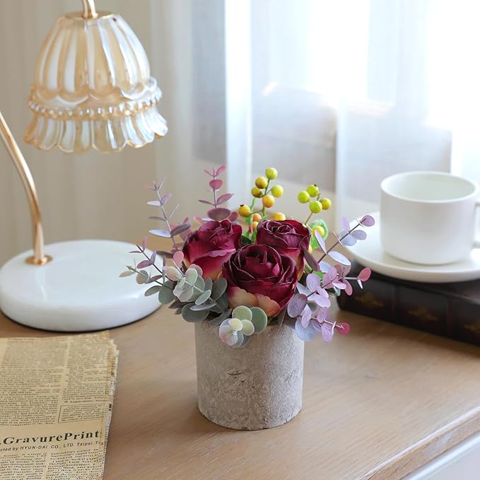 Small Artificial Burnt Burgundy Rose Potted Plant, 6" Fake Silk Flowers in 3" Cylindrical Pot, Mini Faux Floral Arrangement for Desk Shelf Bathroom Decor