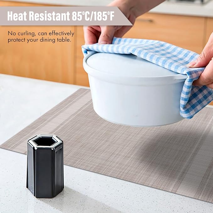 Winknowl Placemats Set of 6, Heat Resistant Non-Slip Vinyl Woven Table Mats for Dining Table, Washable Durable Elegant Place Mats for Kitchen Indoor/Outdoor Use (Beige White)
