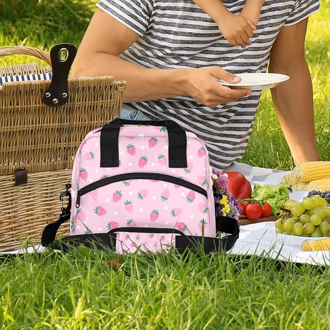 Strawberry Dots Pattern Insulated Lunch Bag for Women Men Reusable Lunch Box Cooler Bag Large Leakproof Lunch Tote with Adjustable Shoulder Strap for Adult Work Picnic Camping Beach Office