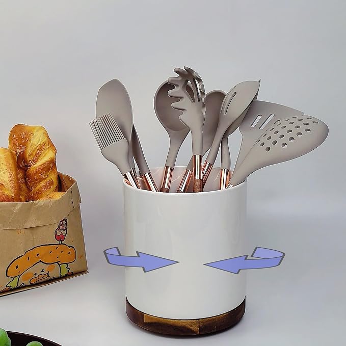 White Large Capacity Ceramic Utensils Holders Acacia wood rotatable base kitchen utensil crocks Countertop Multi-Purpose Organizer