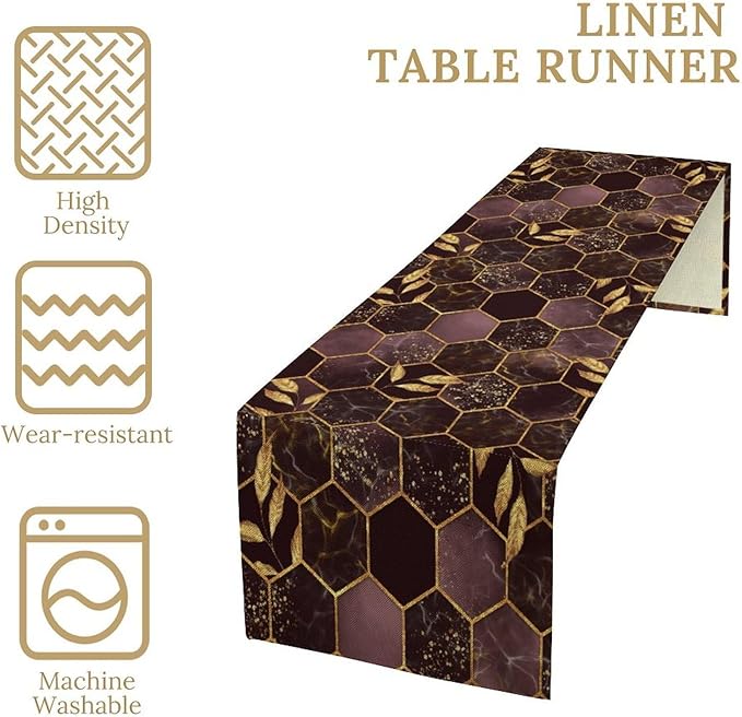 Marble Table Runner, Burgundy Red and Gold Abstract Geometry Hexagon Modern Luxury Texture Printed Linen Table Runners for Living Room Kitchen Dining Room Party Holiday Decor 13" W x 36" L