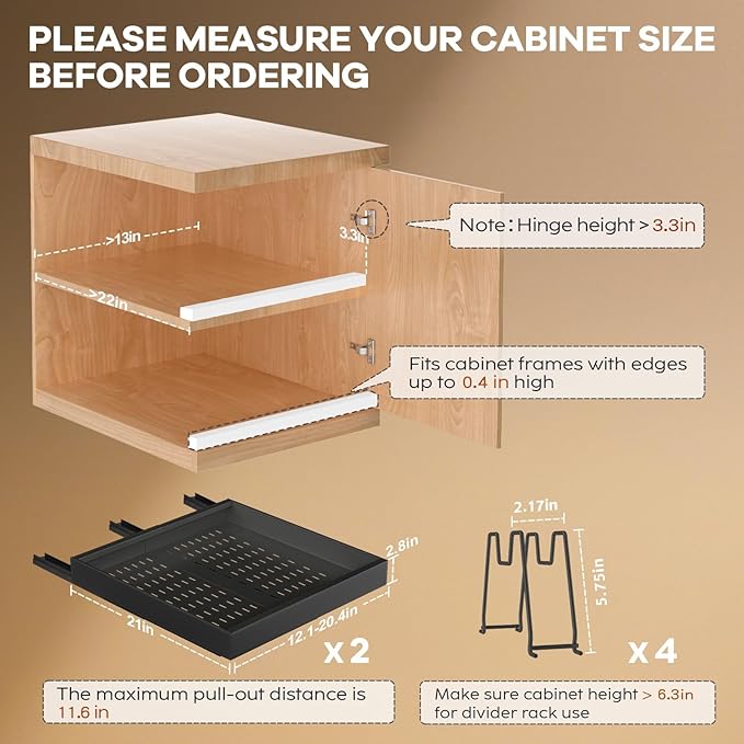 Seinloes 2 Pack Pull out Cabinet Organizer 21"Deep With Raising Pad for Framed Cabinets, Expandable Slide out Drawers for Kitchen Cabinets with 4pcs Divider Racks, Roll out Shelves 12.1"-20.4" W Black