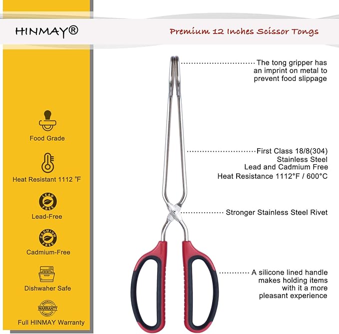 HINMAY Stainless Steel Scissor Tongs with Comfort-Grip Handle 12-Inch, Set of 2