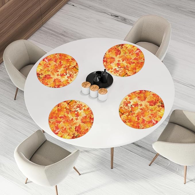 Round Placemats Set of 6, Autumn Maple Leaves Woven Placemats Mats Non-Slip Heat Resistant Washable Table Mats Round Braided Place for Farmhouse Kitchen Dining Party Decor 15in-2