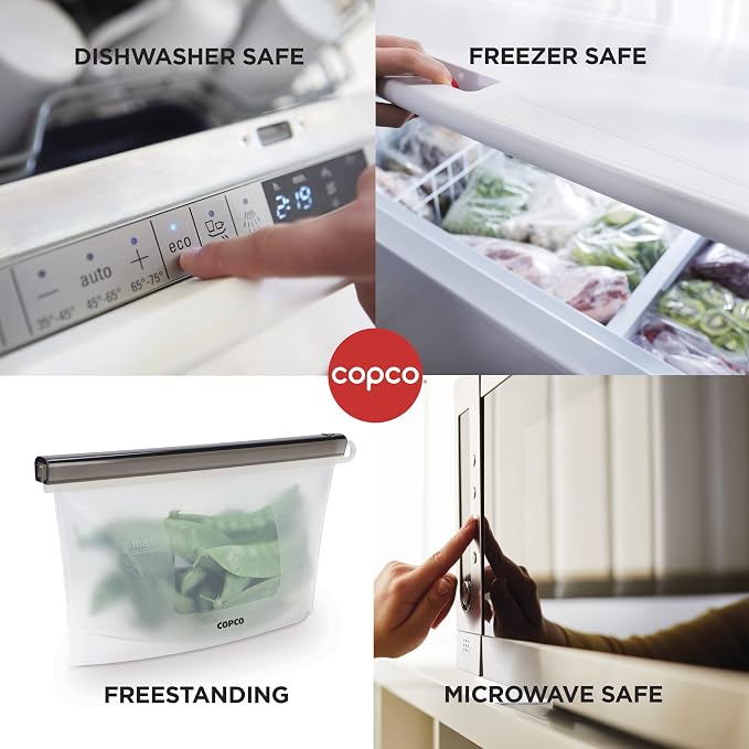 Copco Small Reusable Silicone Food Storage Bag - Sliding Lock Seal, Freezer Microwave Dishwasher Safe, Clear Leakproof Bag for Meal Prep, Lunch, Leftovers, Kitchen Organization