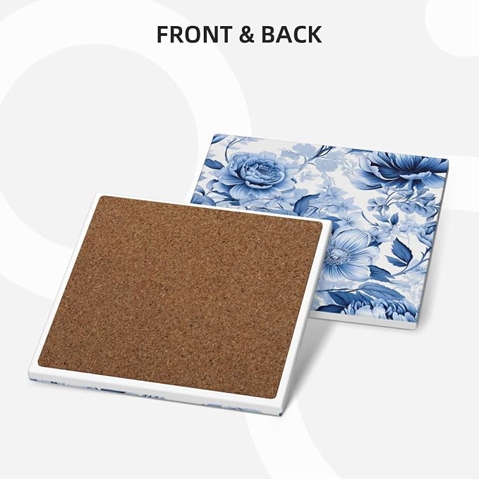 Coaster for Drinks Set of 6, Blue Vintage Spanish Ceramic Floral Absorbent Round Ceramic Stone Mat, with Cork Base and Metal Holder, Gift for Housewarming Room Bar Decor (Vintage Blue Floral-7)