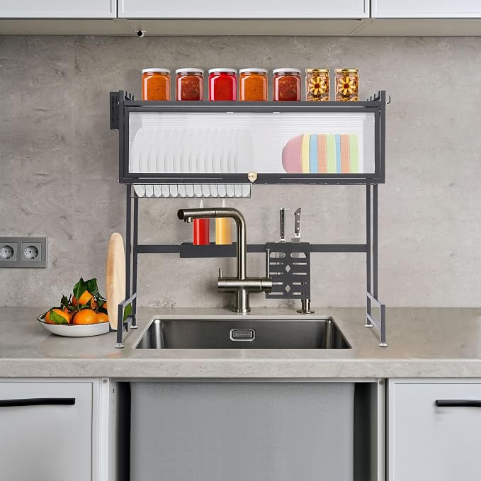 Over The Sink Dish Drainer with Cover, 2 Tier Dish Drying Rack for Kitchen Counter, 33" W Sink Drying Rack for Dishes, Glasses, Bowls, and Cutlery