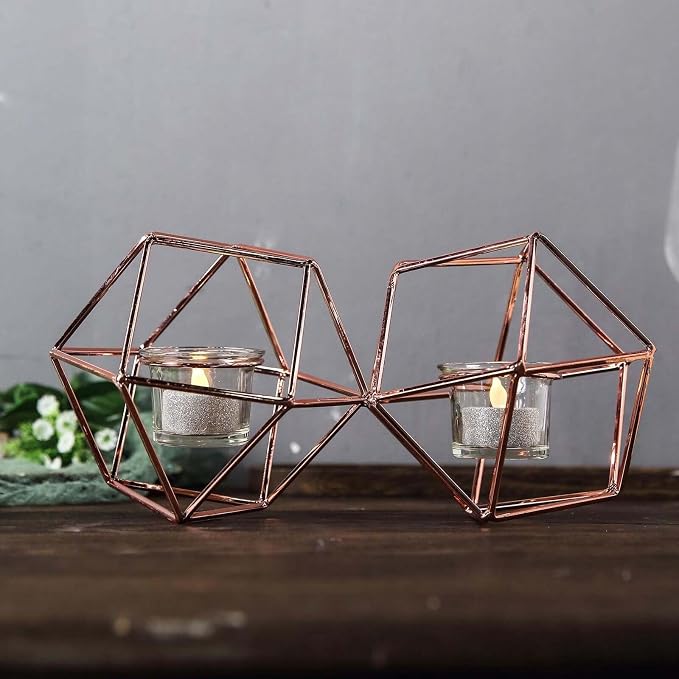 Efavormart 11.5" Rose Gold Geometric Candle Holder Set 2 Metal Geometric Centerpieces Joint Together