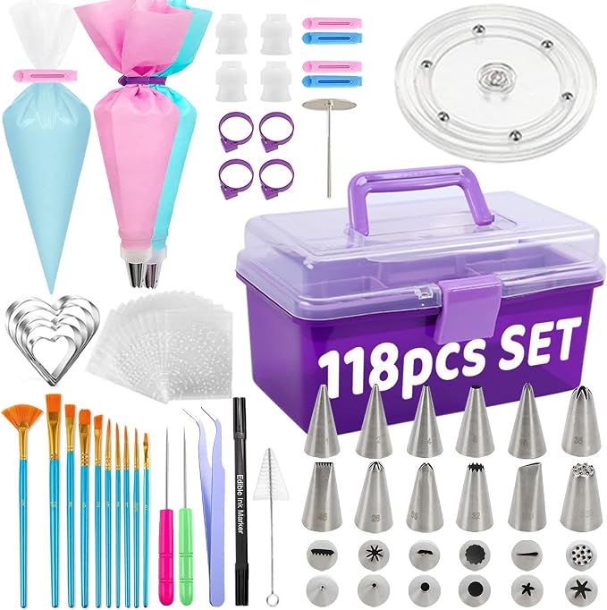 LUSHYUM Cookie Decorating Kit 118pcs with Storage Case, Royal Sugar Piping Bags and Tips Icing Supplies Set, Turntable Scribe Decoration Tools for Kids & Cookie Holiday Christmas Valentine