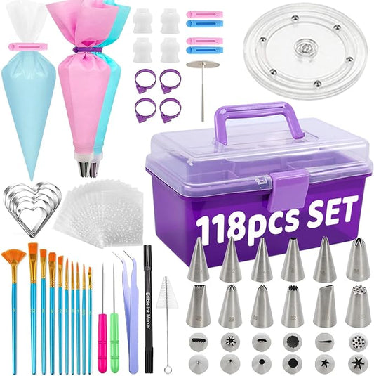 LUSHYUM Cookie Decorating Kit 118pcs with Storage Case, Royal Sugar Piping Bags and Tips Icing Supplies Set, Turntable Scribe Decoration Tools for Kids & Cookie Holiday Christmas Valentine