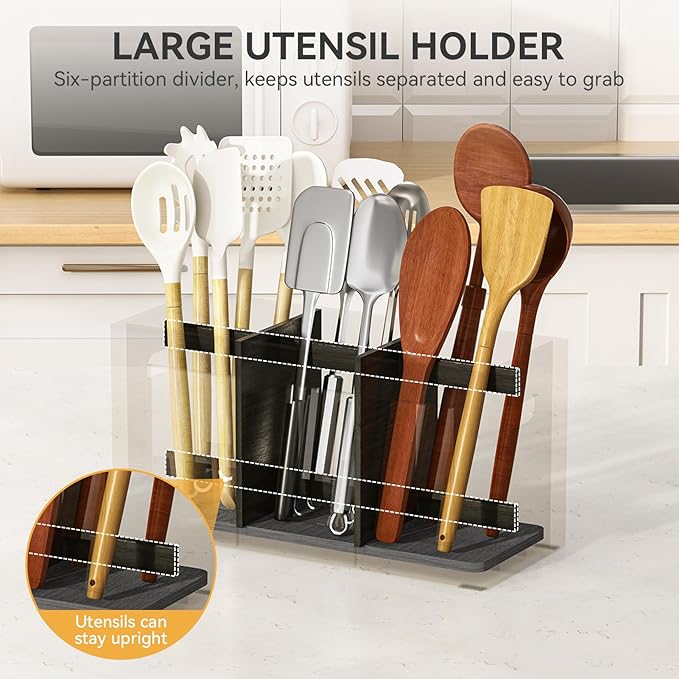 Yofidra Bamboo Utensil Holder & Silverware Organizer: Extra Large Cooking Spoon Holder with Absorbing Drying Stone and 6 Compartments Kitchen Countertop Farmhouse Decor 11.8"X4.7"X5.9" Black