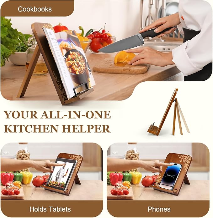 Beautiful Cookbook Stand for Kitchen Counter - Solid Wood Recipe Book Holder with Adjustable Design - Keeps Books Open for Convenient Cooking - Enhances Any Kitchen Decor