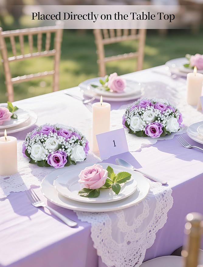 BLOSMON Fake Flowers Ball Wedding Centerpieces 10 Pcs Lilac Rose Babys Breath Artificial Flowers Center Pieces Decoration for Table Silk Kissing Floral Bouquet Arrangements for Home Party DIY Decor