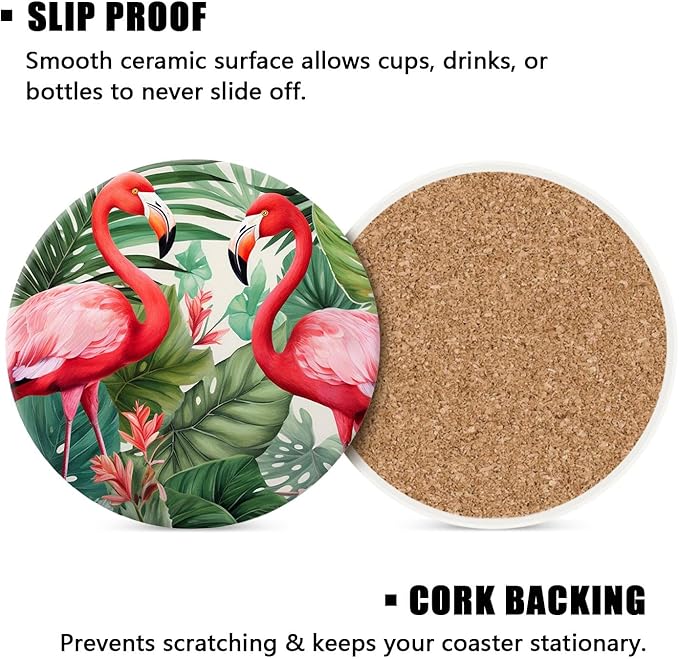 Tropical Flamingo Bird Palm Tree Leaves Watercolor Exquisite Set of 4 Ceramic Coasters with Holder,Absorbent Drink Bar Coasters,Table Coasters