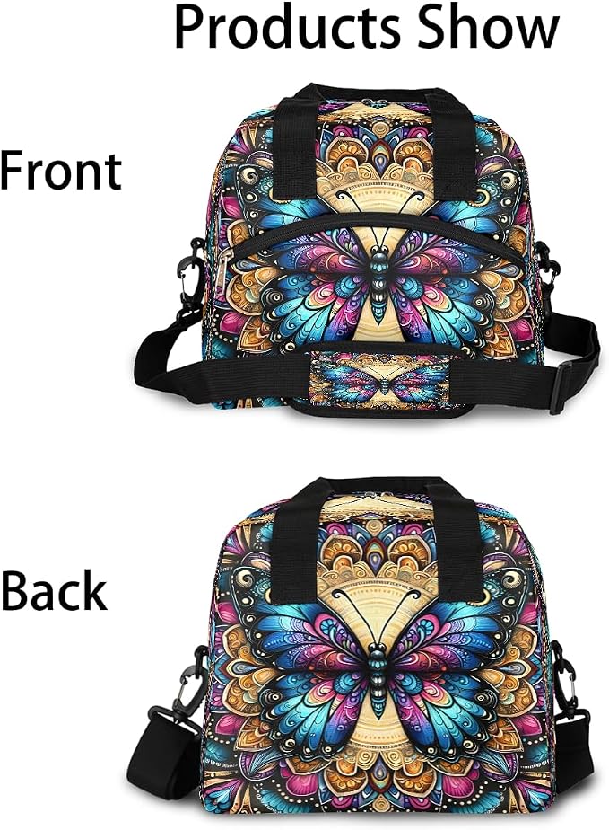 Butterfly Boho Colorful Insulated Lunch Bags for Women Girls Adult Ethnic Reusable Lunch Tote Therma Cooler Bag with Shoulder Strap Lunch Box for School Work Office Picnic Meal Prep Bag