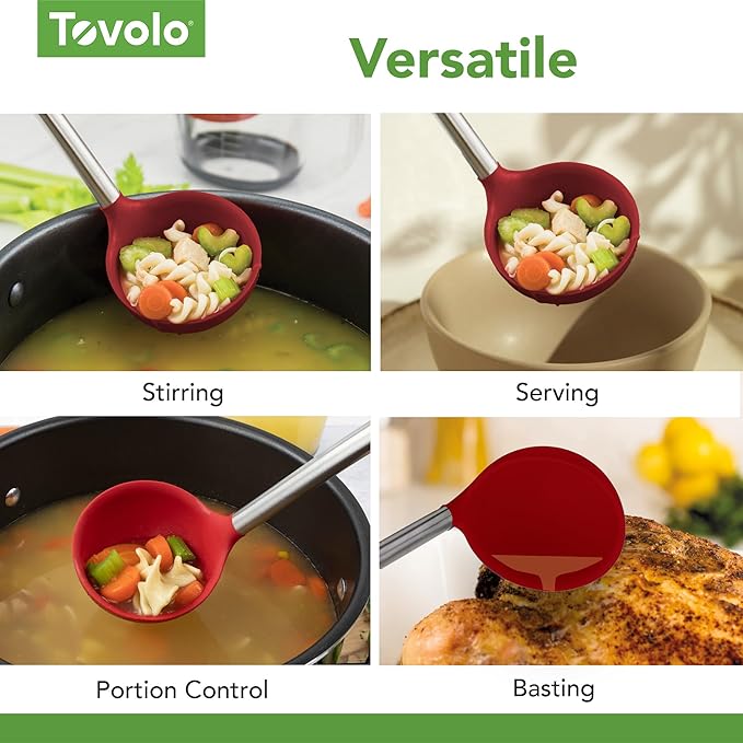 Tovolo Silicone Ladle With Stainless Steel Handle Deep Soup Ladle for Cooking Canning Serving Soup Punch Stew Sauce, Large Kitchen Utensil Spoon Dishwasher Safe BPA Free Silicone Cayenne Red