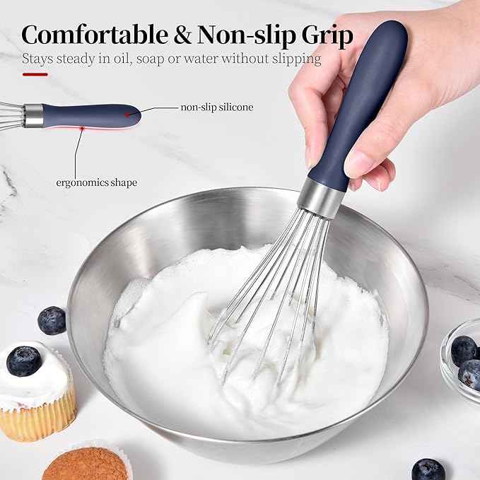 Small Whisk: Stainless Steel 9in Wire Balloon Wisk Kitchen Egg Whisker Heavy Duty Hand Mixer for Cooking Baking Whipping Blending Mixing Stirring Sauce, Flour, chocolate (Midnight Blue)