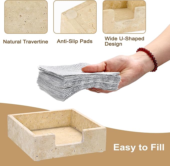 Sumnacon Travertine Cocktail Napkin Holder for Table, 6.2" x 6.2", Square Napkin Holders Small Napkin Tray, Flat Modern Napkin Dispenser for Kitchen, Countertop, Dining Table, Party, Bar