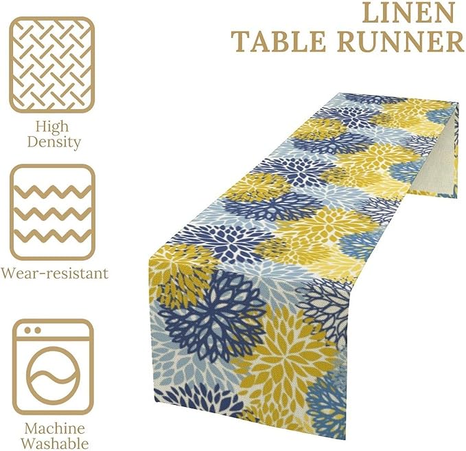 Navy Blue Dahlia Table Runner,Rustic Farmhouse Floral Modern Art Table Runner for Home Indoor Outdoor Kitchen Holiday Birthday Party Wedding Decor 13x90 Inch