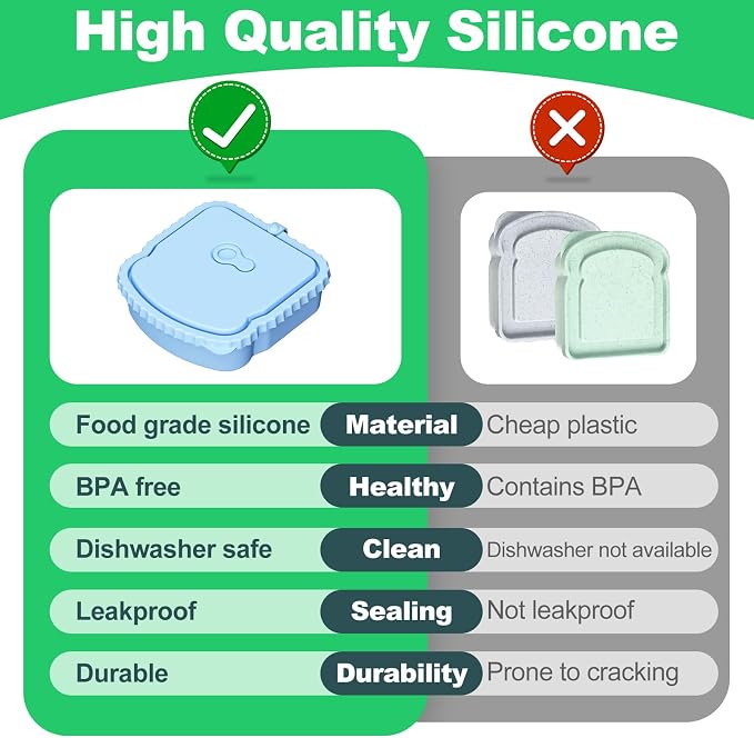 2 Pack Silicone Sandwich Container, Reusable Sandwich Bento Box with Lid for Lunch Fruit Snacks Bread, Colored Toast Shaped Container, Silicone Snack Containers for Office Picnic Travel Meal Prep