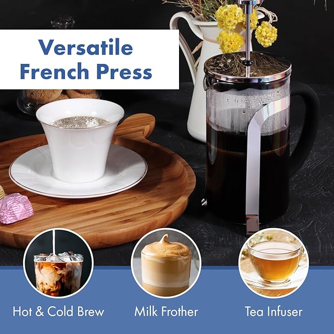 Any Morning French Press Coffee Maker,Tea & Coffee Press with Triple Stainless Steel Filter, small french press Coffee Brewer for Camping and Travel, Borosilicate Glass, 11 Oz, Black