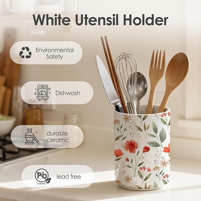 Wildflowers Utensil Holder,Countertop Ceramic Utensil Holder,Large Cooking Utensil Crocks for Kitchen Counter Decor,Ceramic Vase for Kitchen Utensils,6.3"+4.7"(safflower)