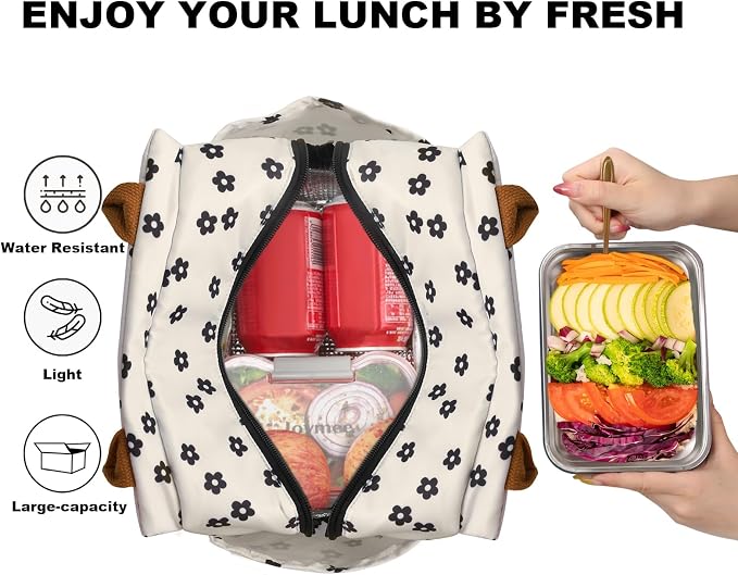 Joymee Insulated Lunch Box for Women Reusable Lunch Bag-Black Little Floral | Spacious Storage, Bottle Holder & Pockets, Leakproof Insulated, for Work, Travel, Picnic, Daily Use, for Adult