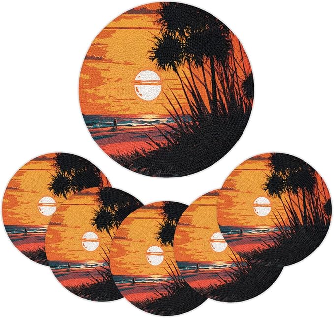 Round Placemats Set of 4, Summer Beach Sunrise Trees Woven Placemats Mats Non-Slip Heat Resistant Washable Table Mats Round Braided Place for Farmhouse Kitchen Dining Party Decor 15in