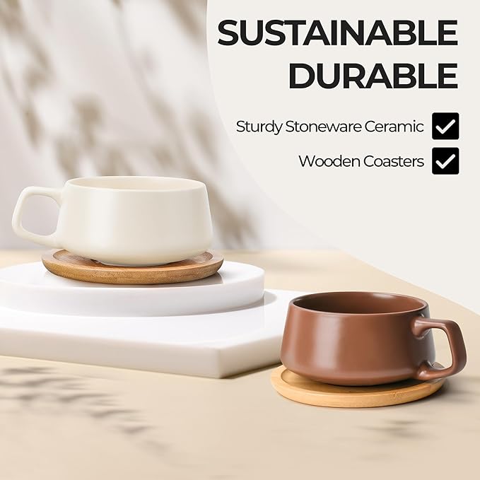 MIAMIO – 11 Oz., Set of 4 Ceramic Tea Cup and Saucer Bamboo/Tea Mug - Wide Cappuccino Cup, Coffee Cups Ceramic Mug for Cappuccino, Latte, Espresso & Americano - Luxe Collection (Beige Pastel)