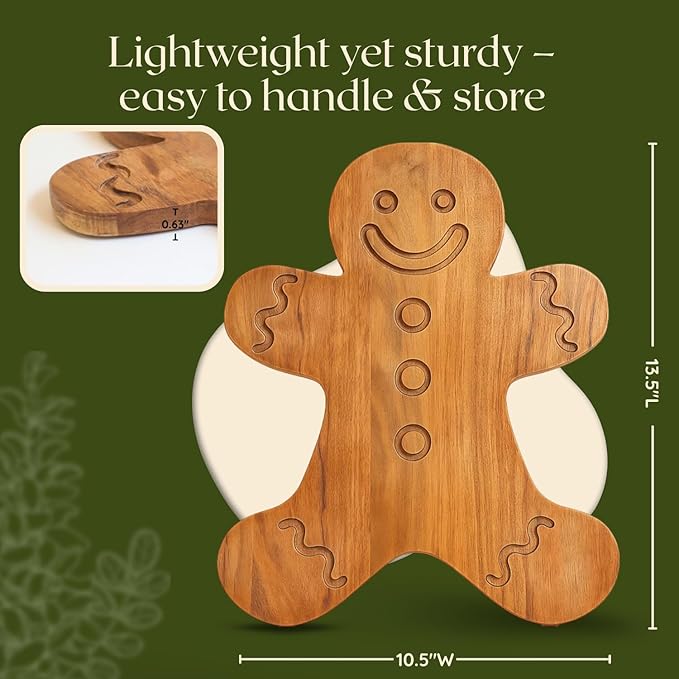 Aurah Gingerbread Shaped Acacia Wood Cutting Board for Kitchen Decorative - Wooden Charcuterie Serving Platter Snack, Fruit & Cheese - Housewarming, Wedding Gifts (13.5 x 10.5 Inch)