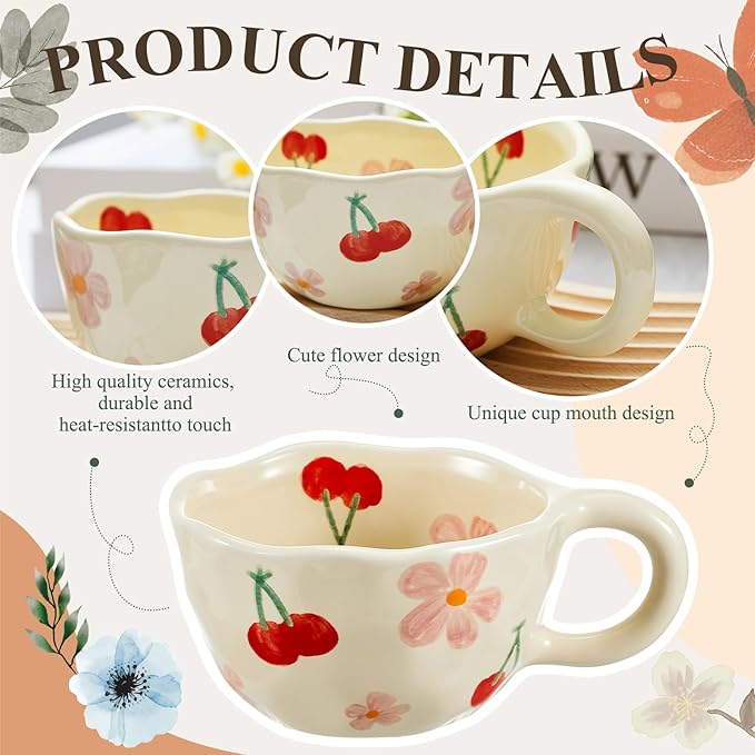 Vesici 2 Pcs Ceramic Coffee Mugs with Spoon, Vintage Floral Spring Mugs with Handle, 8.5 oz Aesthetic Flower Porcelain Tea Cup Set, Dishwasher & Microwave Safe Mothers Day Gifts for Mom(Fresh)