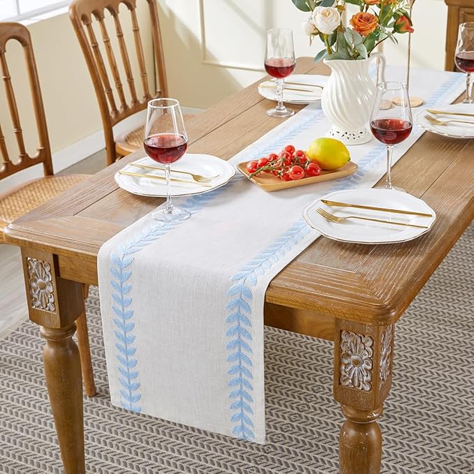 Wracra Embroidered Table Runner Irregular Willow Leaf Table Runners 72 Inches Long for Dresser Home Dining Table Decor,14 x 72 Inch, Blue