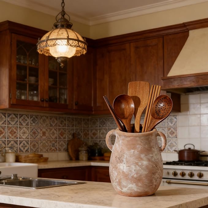 Rustic Kitchen Utensil Holder for Countertop, Ceramic Utensil Crock for Kitchen Counter,Farmhouse Spatula Organizer for Countertop, Vintage Crock Decor, Ideal Housewarming Gift (Brown)