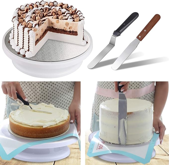 Cake Decorating kit - Cake Turntable and 10 inch Cake Board,2 Icing Spatula 3 Cake Scrapers,Cake Brush,Cake Flower Lifter,Cake Pen,3 Pastry Bags 24 Stainless Icing Tip 6 Piping Tip Couplers