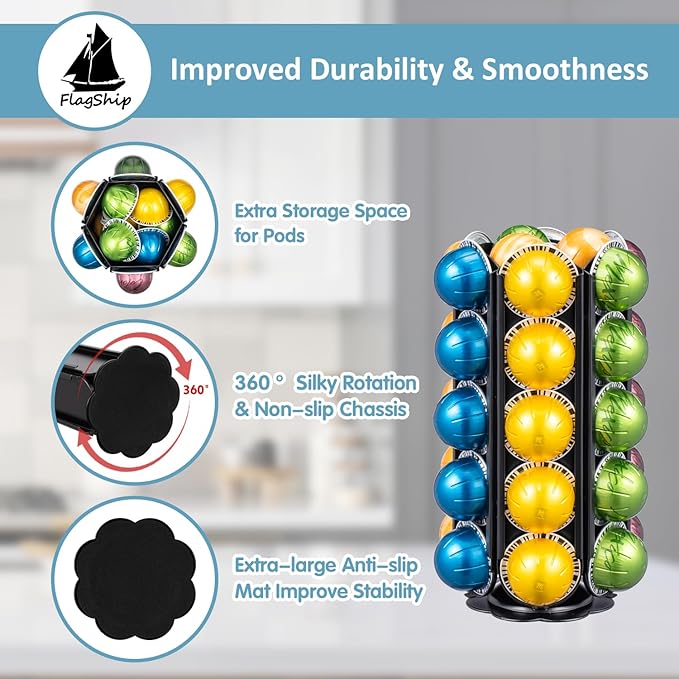 FlagShip Coffee Pod Holder for Nespresso Vertuo Pods Organizer,360 Degrees Revolving Pod Carousel Extra Storage Space,Vertuo Pod Stand Black Metal(40+ Pods Capacity)