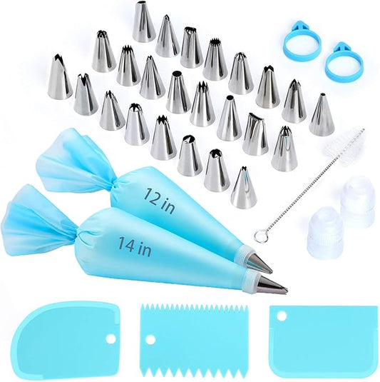 Piping Bags and Tips Set, Reusable Cake Decorating Kit with 24 Stainless Steel Icing Tips,2 Reusable Silicone Piping Bags,2 Couplers,3 Scrapers, Bag Ties & Brush for Baking, Cookie Icing and Cupcakes