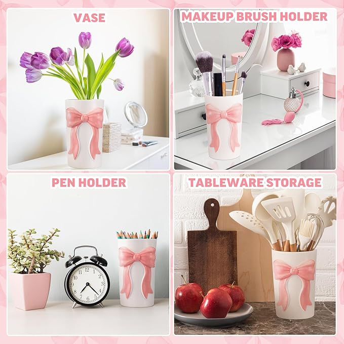 LemonRoad Pink Bow Ceramic Utensil Holder 3D Coquette Handmade Pink Kitchen Decor Gifts Cooking Utensil Crock Preppy Caddy Pen Holder Vase Graduation Gift for College Students