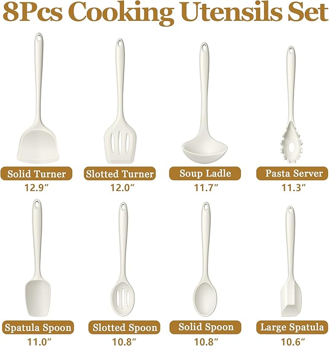 LIANYU 8Pcs Kitchen Cooking Utensils Set, Silicone Utensil Sets, Heat Resistant Kitchen Gadgets Essentials for Nonstick Cookware with Spatula, Spoon, Tuner, Ladle, Dishwasher Safe, White