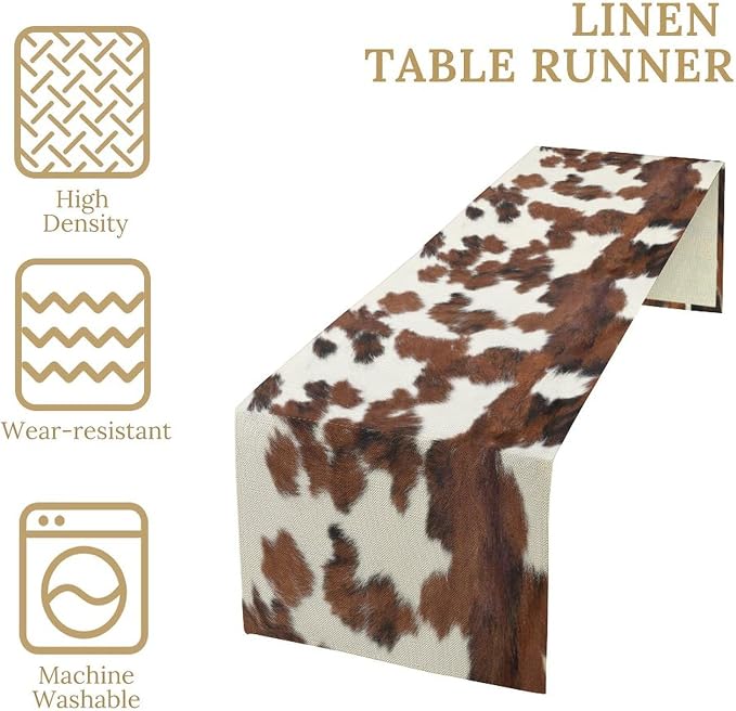 Cow Skin Print Table Runner, Cotton Linen Rustic Cottage Country Farm Animal Fur Skin Pattern Western Style Brown Cowhide Print Dinner Runner for Home Kitchen Dining Table Decoration 13x60 in