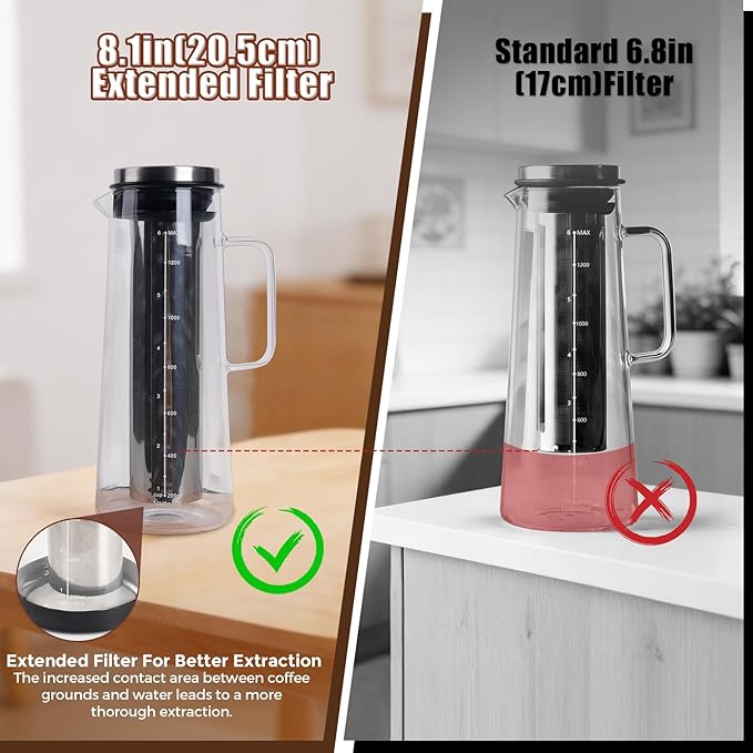 Cold Brew Coffee Maker 1.4L/48oz with Handle, Extended Stainless Steel Filter for Deep Extraction, Iced Tea Pitcher with Non-Slip Base Includes Cleaning Brush & Long Stirring Spoon