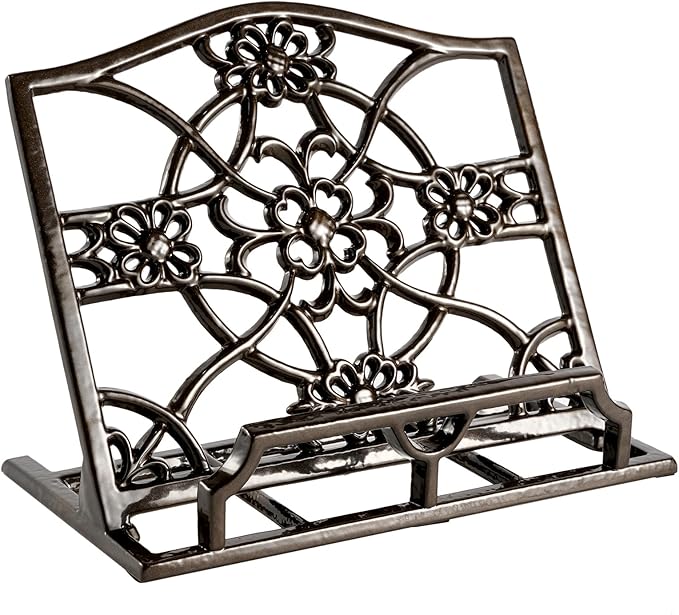JOGREFUL Cookbook Stand, Cast Iron Heavy-Duty Recipe Book Holder, Kitchen Vintage Recipe Book Holder, Reading Rest Holder for Easel/Counter/Books/Magazine/iPad/Bible, Flower Pattern, Coffee Gold