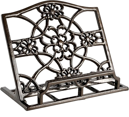 JOGREFUL Cookbook Stand, Cast Iron Heavy-Duty Recipe Book Holder, Kitchen Vintage Recipe Book Holder, Reading Rest Holder for Easel/Counter/Books/Magazine/iPad/Bible, Flower Pattern, Coffee Gold