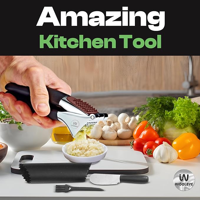 4-in-1 Garlic Press Set - Stainless Steel Garlic Press, Garlic Press, Chopper, Grinder, Grater, Mincer with Peeler, Silicone Tube Roller, Brush and Knife - The Essential Garlic Mincing Kit