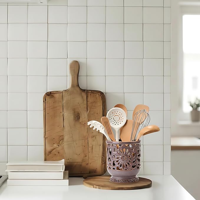 Farmhouse Kitchen Utensil Holder for Countertop, Ceramic Large Cooking Utensil Crock with Cork Mat, Decorative Rustic Utensil Holder for Kitchen Counter, Hollow Carving Flower, Purple