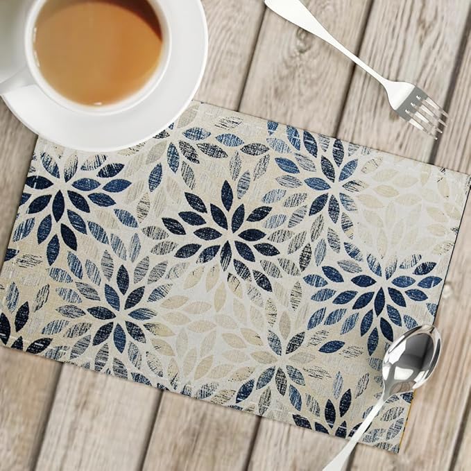 Snycler Table Runner Navy Blue Dahlia Pinnata Flower Table Runners Modern Elegant Pompon Farmhouse Geometric Table Center White Linen Decor for Home Dining Party Entrance (12x18 Inch,Set of 4)